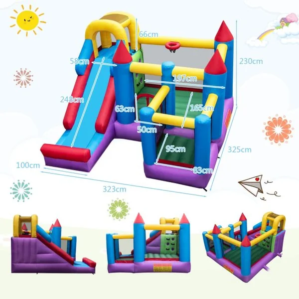 Château Gonflable 5-en-1 Toboggan Trampoline Piscine à Balles Mur d'Escalade Panier de Basket-ball Grande Maison de Saut Gonflable pour Jardin (sans Souffleur)