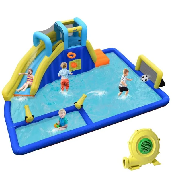 Château Gonflable 6 en 1 avec Escalade Toboggan à Jet d'Eau Grande Piscine Cadre de Football/Basket-ball avec Souffleur