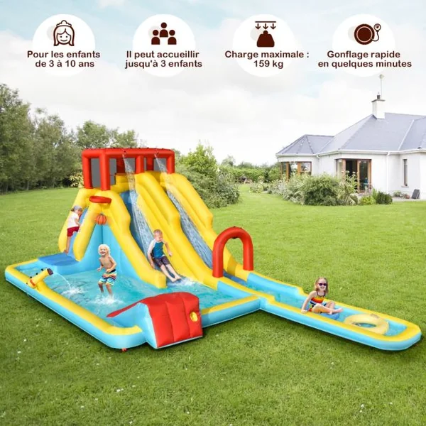 Château Gonflable 7 en 1 avec Double Toboggan Aquatique Maison de Rebond Gonflable avec Mur d’Escalade Pistolet à Eau Ventilateur non inclus