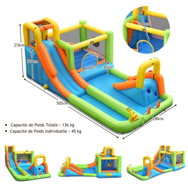 Château Gonflable 8 en 1 avec 2 Toboggans Parc Aquatique avec Maison de Saut Charge 135kg pour 3 Enfants de 3-10 Ans