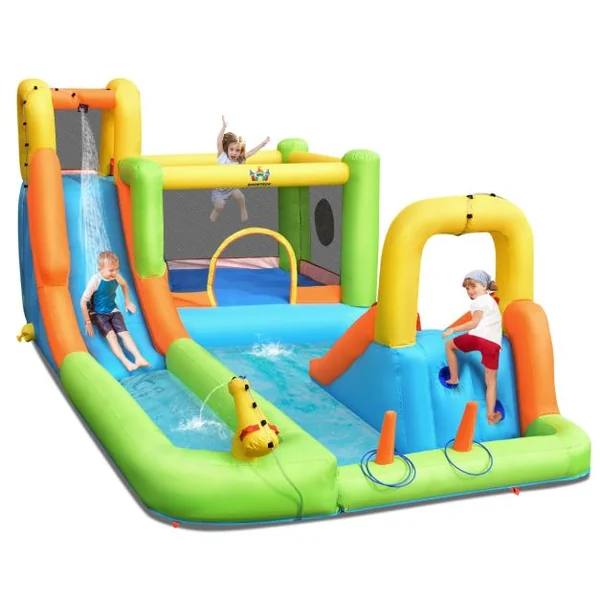 Château Gonflable 8 en 1 avec 2 Toboggans Parc Aquatique avec Maison de Saut Charge 135kg pour 3 Enfants de 3-10 Ans