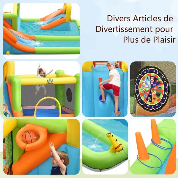 Château Gonflable 8 en 1 avec 2 Toboggans Parc Aquatique avec Maison de Saut Charge 135kg pour 3 Enfants de 3-10 Ans