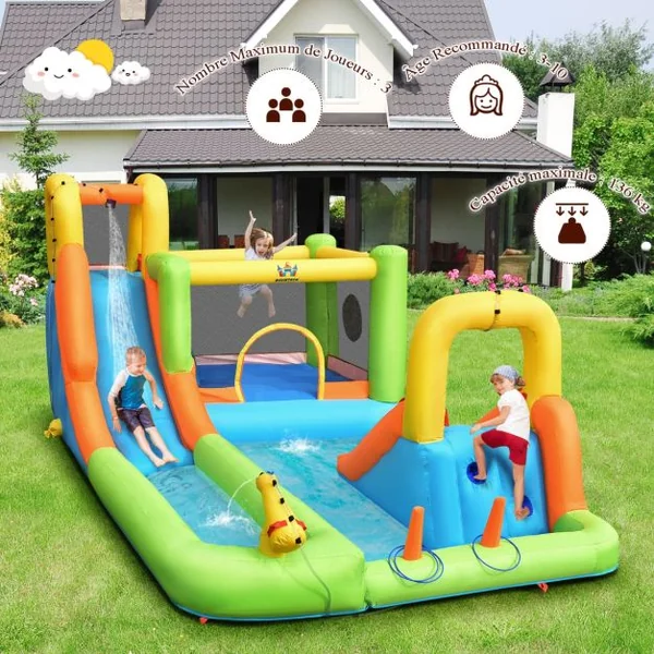 Château Gonflable 8 en 1 avec 2 Toboggans Parc Aquatique avec Maison de Saut Charge 135kg pour 3 Enfants de 3-10 Ans