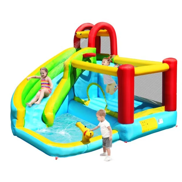 Château Gonflable Aquatique 6 en 1 avec Toboggan Incurvé Maison de Rebond avec Mur d'Escalade Panier de Basketball Charge 135kg pour 3-10 Ans (sans Souffleur)