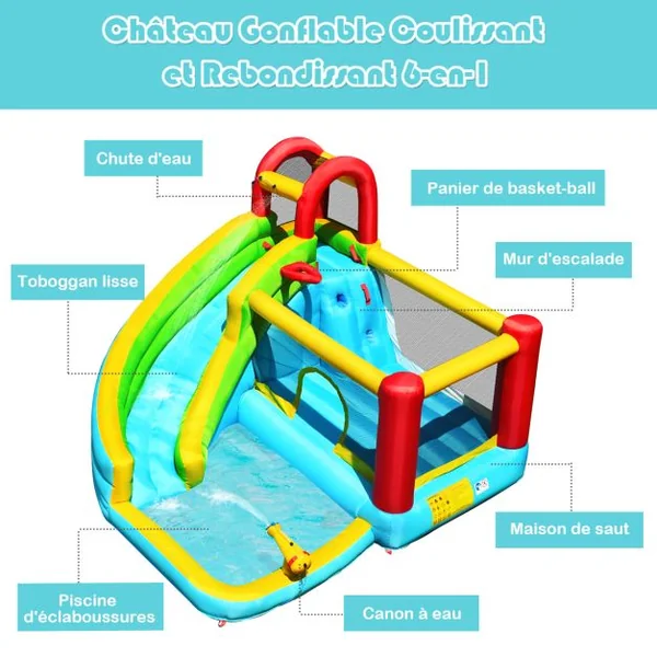 Château Gonflable Aquatique 6 en 1 avec Toboggan Incurvé Maison de Rebond avec Mur d'Escalade Panier de Basketball Charge 135kg pour 3-10 Ans (sans Souffleur)