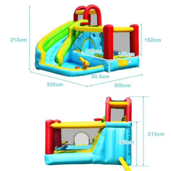Château Gonflable Aquatique 6 en 1 avec Toboggan Incurvé Maison de Rebond avec Mur d'Escalade Panier de Basketball Charge 135kg pour 3-10 Ans (sans Souffleur)
