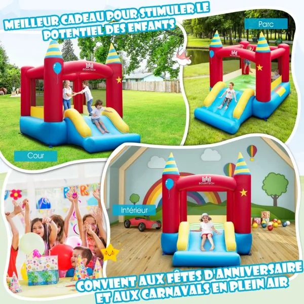 Château Gonflable avec Gonfleur 480 W Aire de Jeux Toboggan Tissu Oxford pour 3 Enfants 260 x 190 x 205 cm Sac de Transport