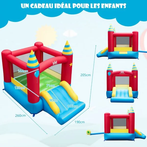 Château Gonflable avec Gonfleur 480 W Aire de Jeux Toboggan Tissu Oxford pour 3 Enfants 260 x 190 x 205 cm Sac de Transport