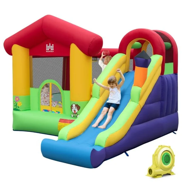 Château Gonflable avec Souffleur 680W Maison de Saut Long Toboggan Panier de Basket 50 Balles Océanique Intérieur Extérieur