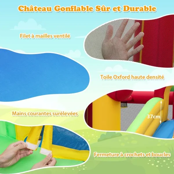 Château Gonflable avec Souffleur 680W Maison de Saut Long Toboggan Panier de Basket 50 Balles Océanique Intérieur Extérieur
