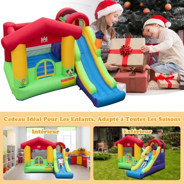 Château Gonflable avec Souffleur 680W Maison de Saut Long Toboggan Panier de Basket 50 Balles Océanique Intérieur Extérieur