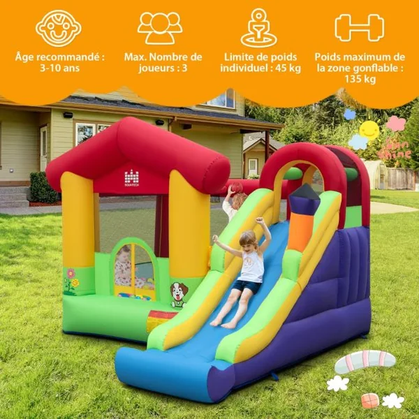 Château Gonflable avec Souffleur 680W Maison de Saut Long Toboggan Panier de Basket 50 Balles Océanique Intérieur Extérieur