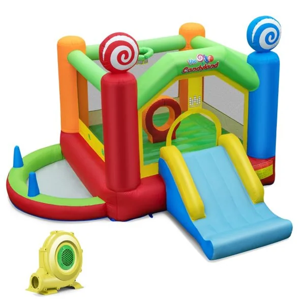Château Gonflable avec Souffleur 680W Toboggan 50 Balles Océanique Fosse à Balles Panier de Basket Décorations de Sucette