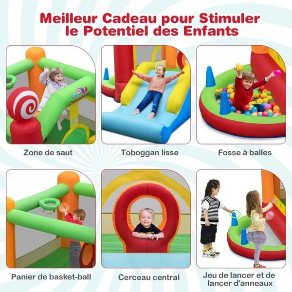 Château Gonflable avec Souffleur 680W Toboggan 50 Balles Océanique Fosse à Balles Panier de Basket Décorations de Sucette