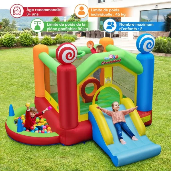 Château Gonflable avec Souffleur 680W Toboggan 50 Balles Océanique Fosse à Balles Panier de Basket Décorations de Sucette