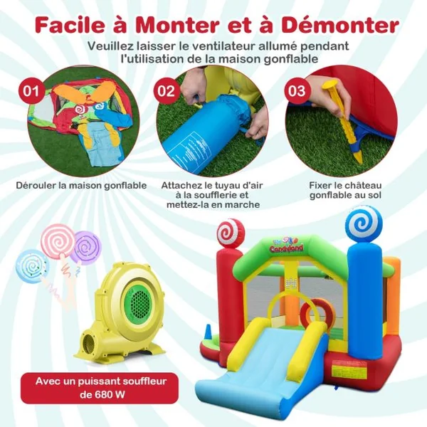 Château Gonflable avec Souffleur 680W Toboggan 50 Balles Océanique Fosse à Balles Panier de Basket Décorations de Sucette