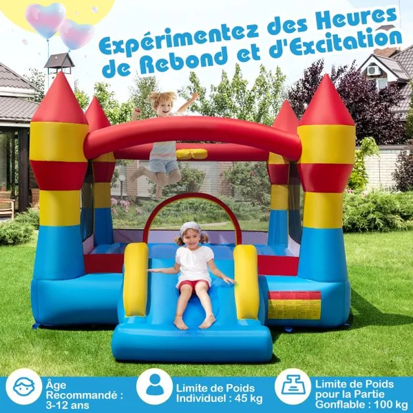 Château Gonflable avec Toboggan pour Enfant de 3 à 10 ans Filet Protecteur en Tissu Oxford 370x280x230cm Multicolore