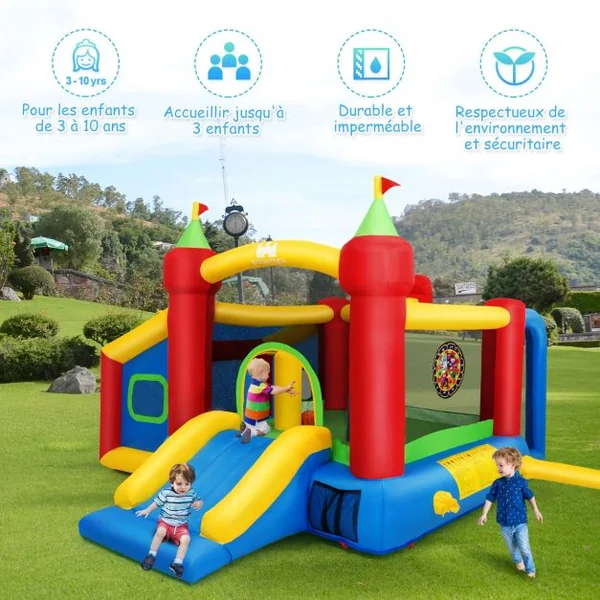 Château Gonflable avec Toboggan pour Enfant de 3 à 10 Ans Filet Protecteur en Tissu Oxford, 380x305x215cm, Multicolore