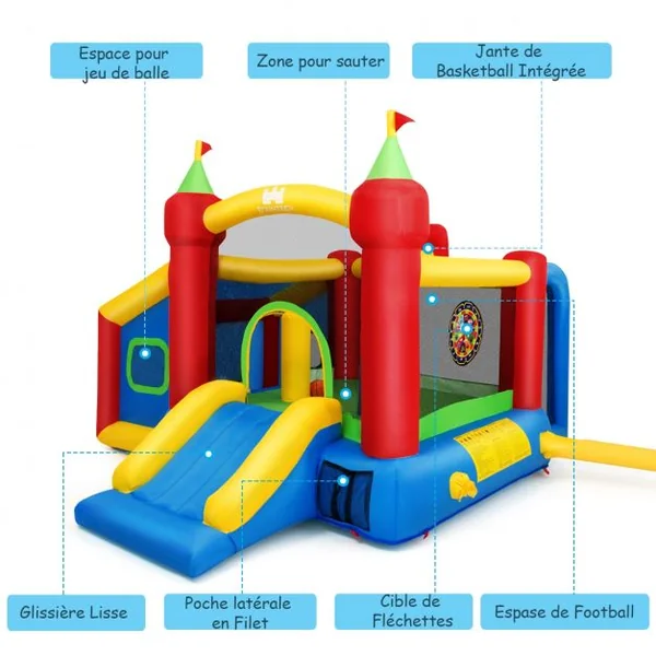 Château Gonflable avec Toboggan pour Enfant de 3 à 10 Ans Filet Protecteur en Tissu Oxford, 380x305x215cm, Multicolore