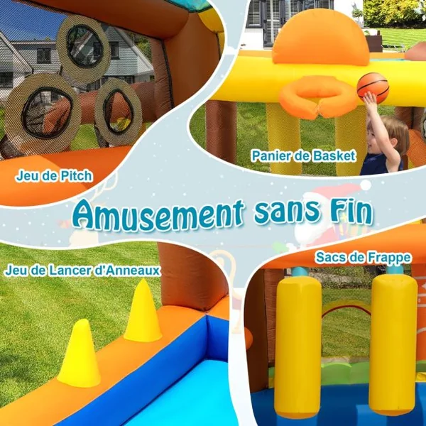 Château Gonflable avec Toboggan pour Enfants 3-12 Ans Aire de Jeux 2 Panier de Basket-Ball pour Cour Pelouse Charge 120KG(sans Souffleur)