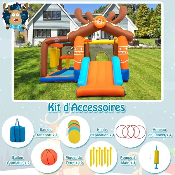 Château Gonflable avec Toboggan pour Enfants 3-12 Ans Aire de Jeux 2 Panier de Basket-Ball pour Cour Pelouse Charge 120KG(sans Souffleur)