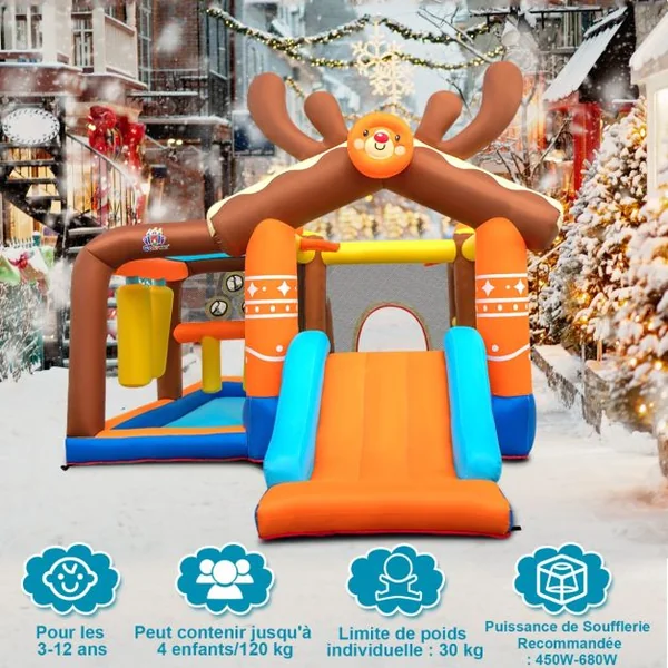 Château Gonflable avec Toboggan pour Enfants 3-12 Ans Aire de Jeux 2 Panier de Basket-Ball pour Cour Pelouse Charge 120KG(sans Souffleur)
