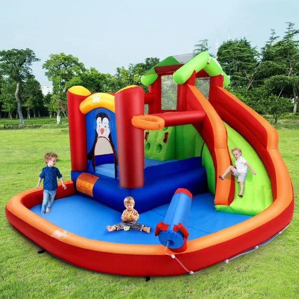 Château Gonflable avec Toboggans Aquatiques Aire de Jeux Gonflable avec Motif de Pingouin Canon à Eau Panier de Basket-ball