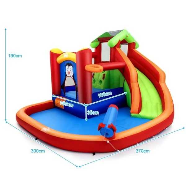 Château Gonflable avec Toboggans Aquatiques Aire de Jeux Gonflable avec Motif de Pingouin Canon à Eau Panier de Basket-ball