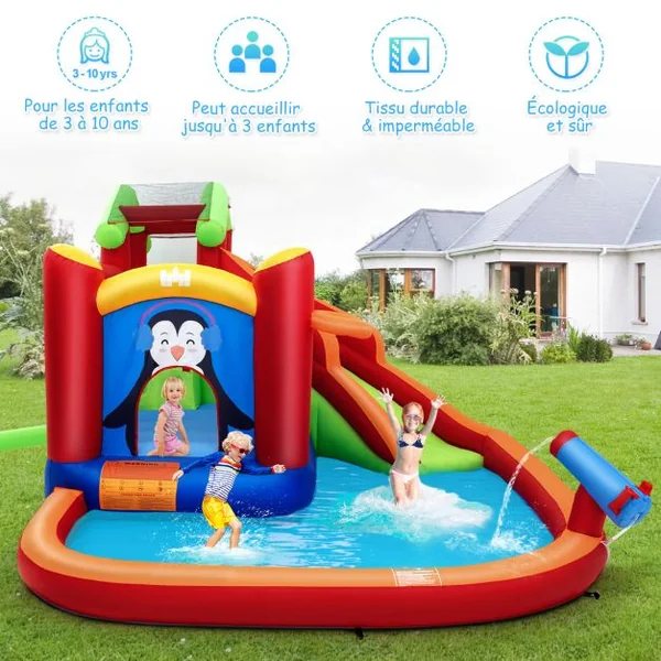 Château Gonflable avec Toboggans Aquatiques Aire de Jeux Gonflable avec Motif de Pingouin Canon à Eau Panier de Basket-ball