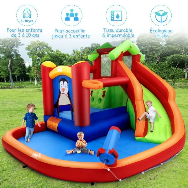 Château Gonflable avec Toboggans Aquatiques Aire de Jeux Gonflable avec Motif de Pingouin Canon à Eau Panier de Basket-ball