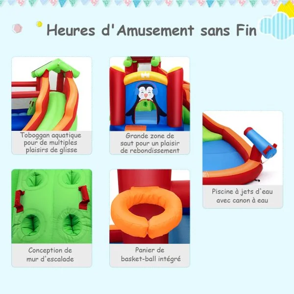 Château Gonflable avec Toboggans Aquatiques Aire de Jeux Gonflable avec Motif de Pingouin Canon à Eau Panier de Basket-ball