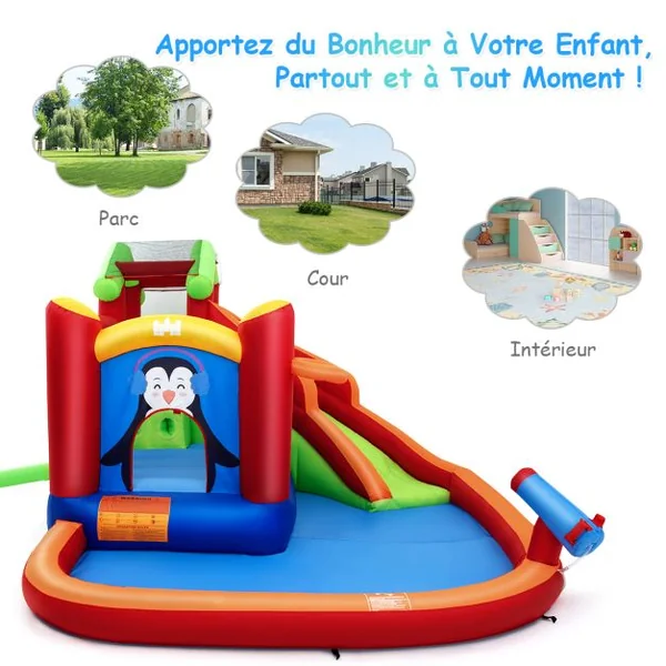 Château Gonflable avec Toboggans Aquatiques Aire de Jeux Gonflable avec Motif de Pingouin Canon à Eau Panier de Basket-ball