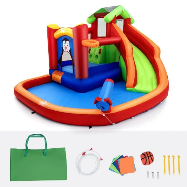 Château Gonflable avec Toboggans Aquatiques Aire de Jeux Gonflable avec Motif de Pingouin Canon à Eau Panier de Basket-ball
