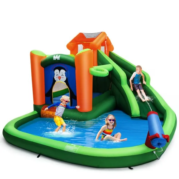 Château Gonflable avec Toboggans Aquatiques Aire de Jeux Gonflable Piscine avec Motif de Pingouin pour Enfants de 3 à 10 Ans