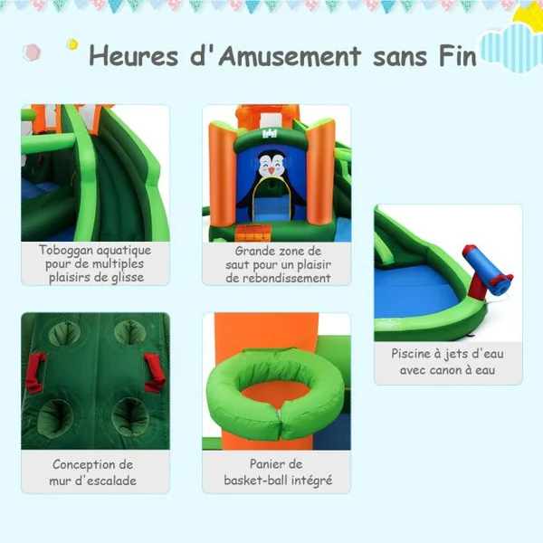 Château Gonflable avec Toboggans Aquatiques Aire de Jeux Gonflable Piscine avec Motif de Pingouin pour Enfants de 3 à 10 Ans