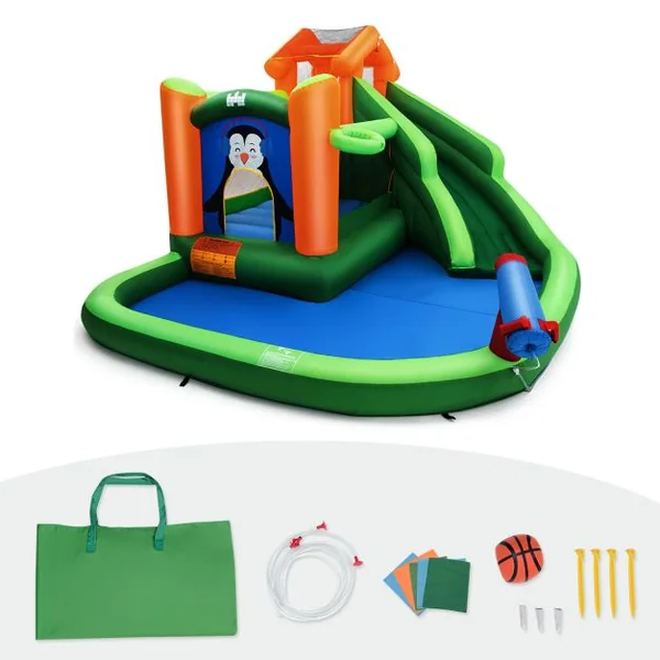 Château Gonflable avec Toboggans Aquatiques Aire de Jeux Gonflable Piscine avec Motif de Pingouin pour Enfants de 3 à 10 Ans