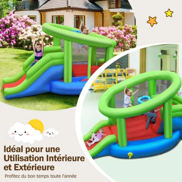 Château Gonflable en Forme de Escargot avec 2 Toboggans Maison de Rebond Gonflable avec Mur d'Escalade Panier de Basket Ventilateur non inclus