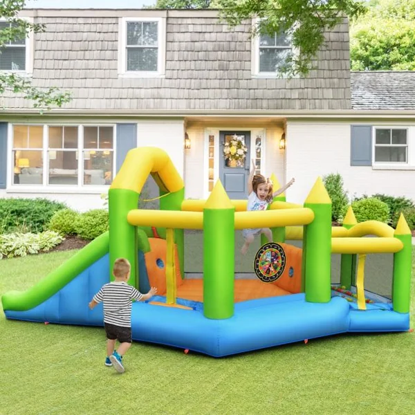 Château Gonflable en Forme de Pentagone avec Toboggan Maison de Rebond Gonflable avec Piscine à Balles Panier de Basket Ventilateur non inclus