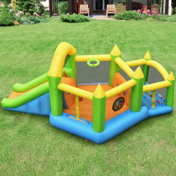 Château Gonflable en Forme de Pentagone avec Toboggan Maison de Rebond Gonflable avec Piscine à Balles Panier de Basket Ventilateur non inclus