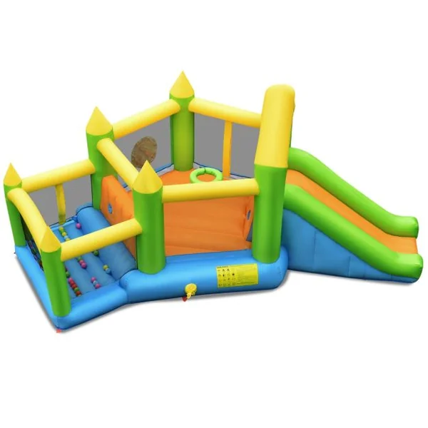 Château Gonflable en Forme de Pentagone avec Toboggan Maison de Rebond Gonflable avec Piscine à Balles Panier de Basket Ventilateur non inclus