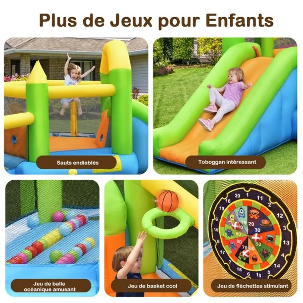 Château Gonflable en Forme de Pentagone avec Toboggan Maison de Rebond Gonflable avec Piscine à Balles Panier de Basket Ventilateur non inclus