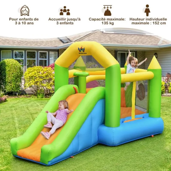 Château Gonflable en Forme de Pentagone avec Toboggan Maison de Rebond Gonflable avec Piscine à Balles Panier de Basket Ventilateur non inclus