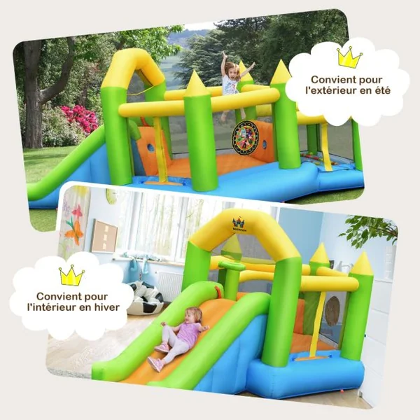 Château Gonflable en Forme de Pentagone avec Toboggan Maison de Rebond Gonflable avec Piscine à Balles Panier de Basket Ventilateur non inclus