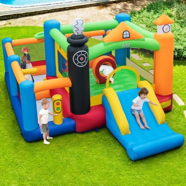 Château Gonflable Enfants 50 Balles Colorées 3 Fosses à Balles Toboggan Panier de Basket-ball Cerceau Central sans Souffleur