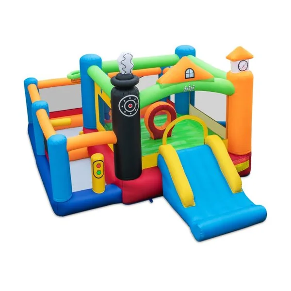 Château Gonflable Enfants 50 Balles Colorées 3 Fosses à Balles Toboggan Panier de Basket-ball Cerceau Central sans Souffleur