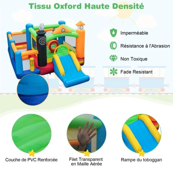 Château Gonflable Enfants 50 Balles Colorées 3 Fosses à Balles Toboggan Panier de Basket-ball Cerceau Central sans Souffleur