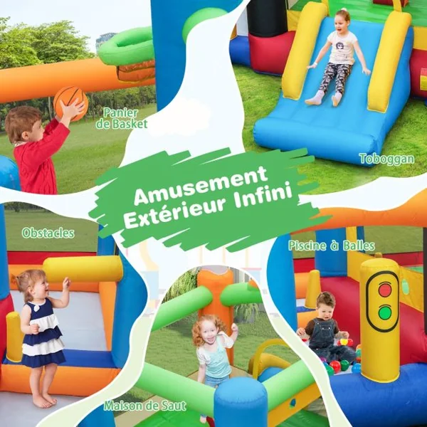 Château Gonflable Enfants 50 Balles Colorées 3 Fosses à Balles Toboggan Panier de Basket-ball Cerceau Central sans Souffleur
