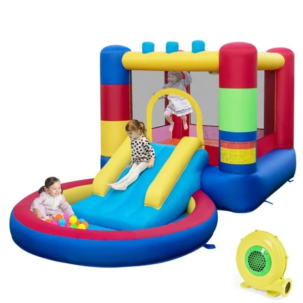 Château Gonflable Enfants avec Toboggan et Souffleur 480W Parc Aquatique avec Piscine et 50 Boules Thème Puzzle Charge Max 90kg 3 Ans+