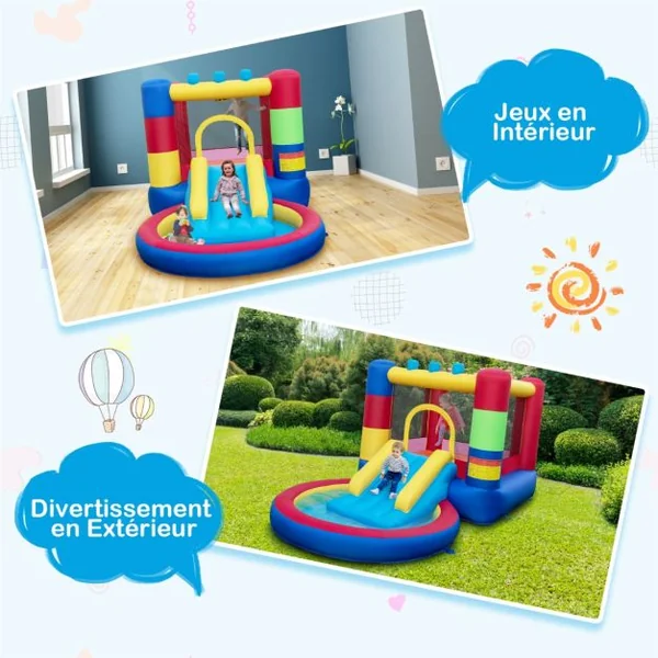Château Gonflable Enfants avec Toboggan et Souffleur 480W Parc Aquatique avec Piscine et 50 Boules Thème Puzzle Charge Max 90kg 3 Ans+