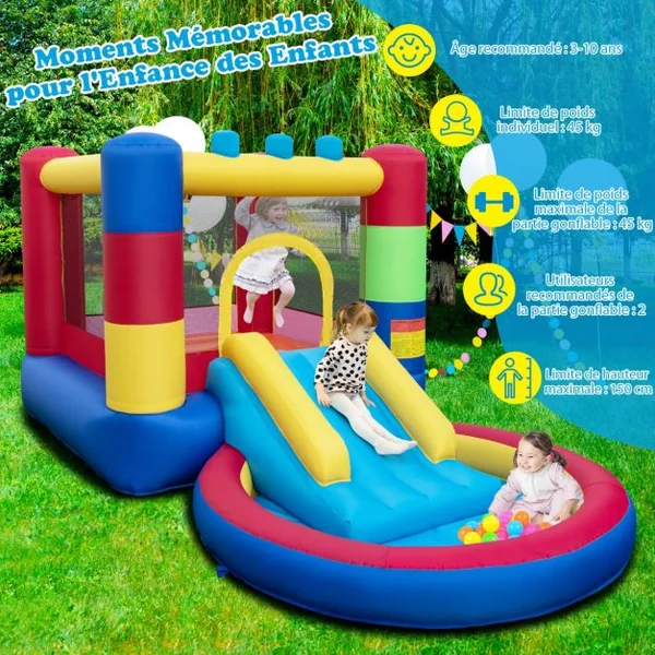 Château Gonflable Enfants avec Toboggan et Souffleur 480W Parc Aquatique avec Piscine et 50 Boules Thème Puzzle Charge Max 90kg 3 Ans+